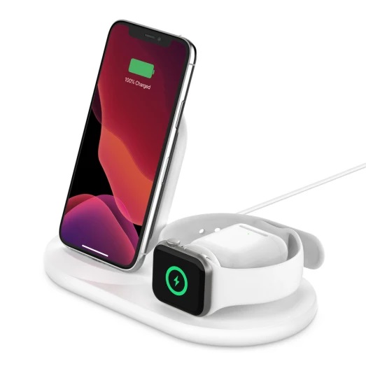 Belkin 3-in-1 Wireless Charger with 10W Stand And Pad for Apple Watch And Airpods Pro White